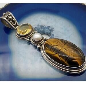 Vintage 925 Sterling Silver Carved Tigers Eye Pearl Citrine Pendant